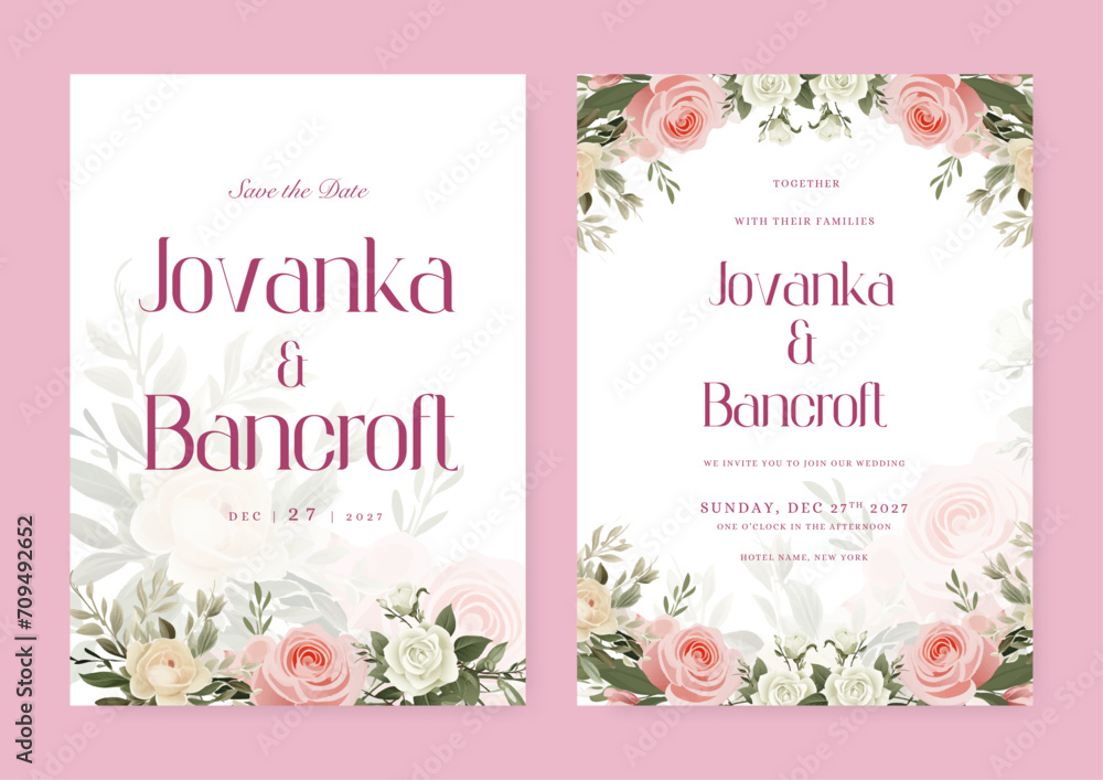 Pink and white rose artistic wedding invitation card template set with flower decorations