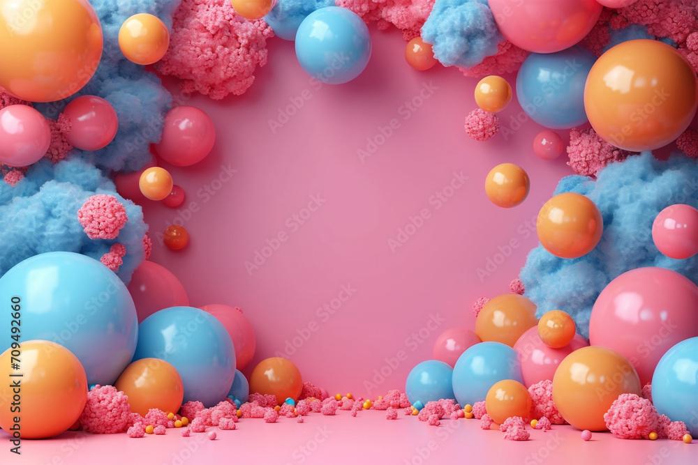 Colorful background full of balloons and clouds with sponge texture. Illustrator's day theme, 3d style, with copy space.