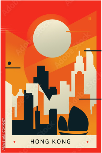Hong Kong city brutalism poster with abstract skyline, cityscape retro vector illustration. China metropolis travel guide cover, brochure, flyer, leaflet, business presentation template image