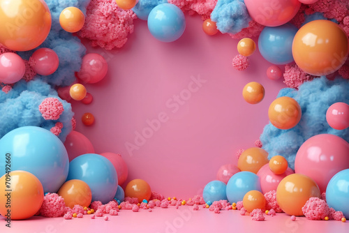 Obraz na płótnie Colorful background full of balloons and clouds with sponge texture. Illustrator's day theme, 3d style, with copy space. w salonie
