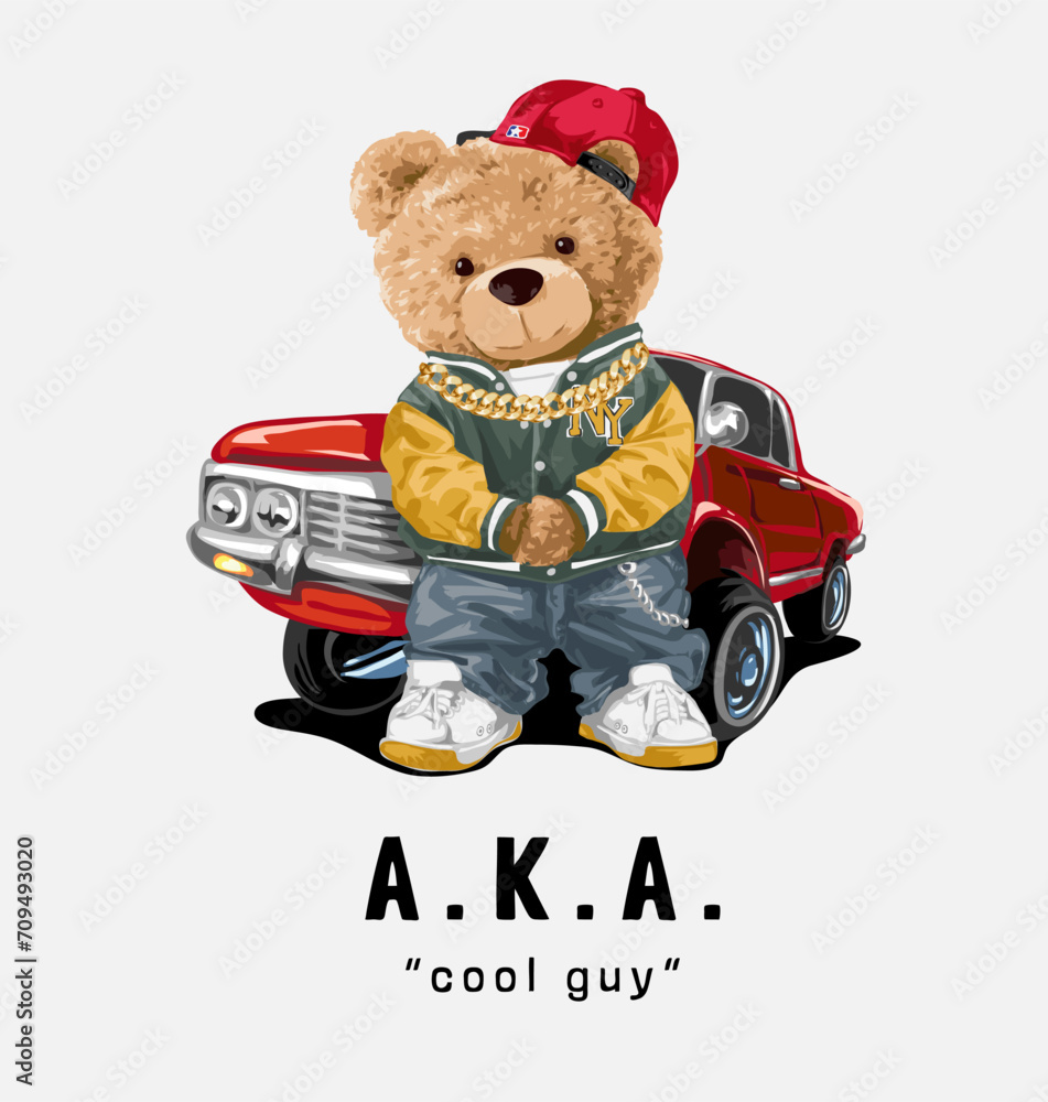 Obraz premium cartoon bear doll in front of red car vector illustration
