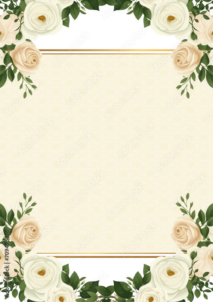 Fototapeta premium Beige and white vector frame with foliage pattern background with flora and flower