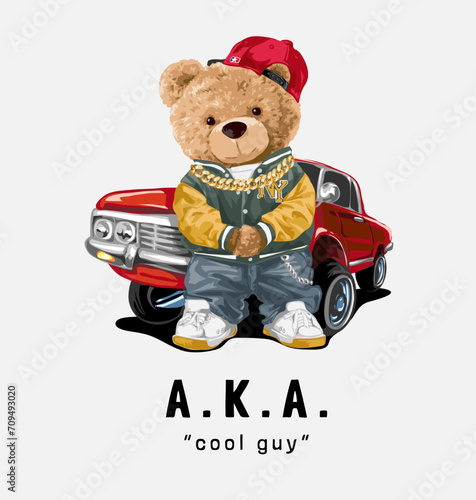 cartoon bear doll in front of red car vector illustration