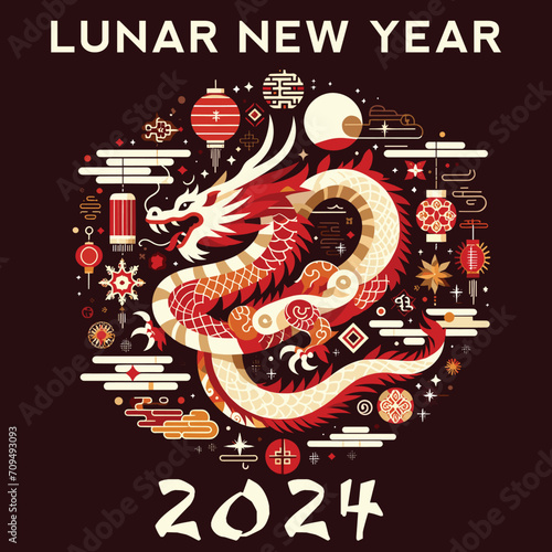 Celebrating the 2024 Chinese New Year  an abstract red and gold dragon forms the centerpiece of this modern  geometric poster.