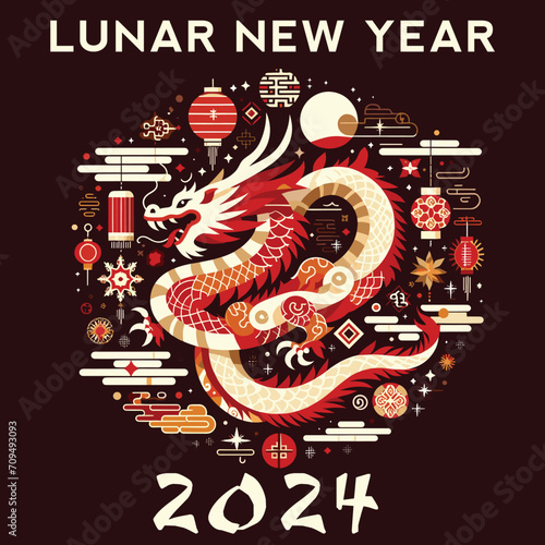 Celebrating the 2024 Chinese New Year, an abstract red and gold dragon forms the centerpiece of this modern, geometric poster.