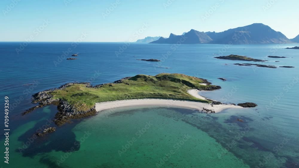 Desert Island with white Sandy Beaches during Summer in Lofoten Islands, Norway - 4k Aerial Desert Island with white Sandy Beaches during Summer in Lofoten Islands, Norway - 4k Aerial
