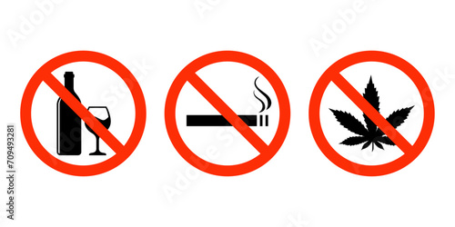 Set of prohibited signs symbol. No alcohol, No smoking, No drugs, vector icon illustration.