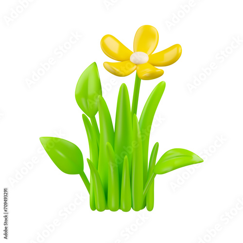 Vector 3d grass with flower icon. Cartoon green gramma and yellow daisy in simple minimal style, isolated on white background photo