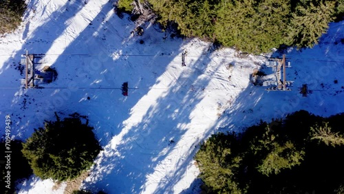 Aerial view of a ski lift in a Pamporovo winter resort in Bulgaia photo