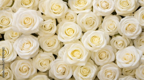 Top view Background, texture of beautiful white cream roses. Flowers, Wedding, Floristry, Mockup, copy space.