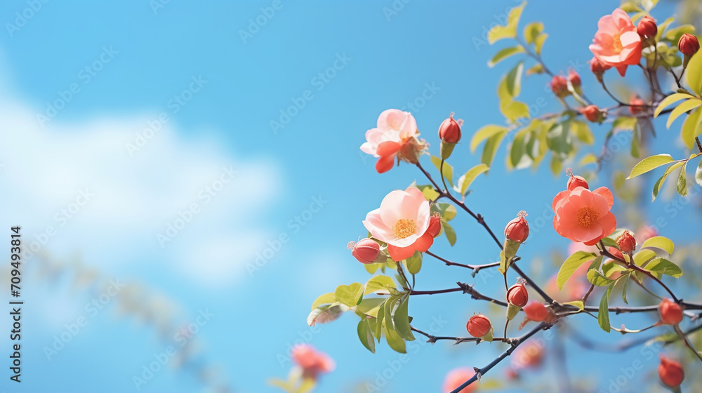beautiful spring border blooming rose bush on a blue sky