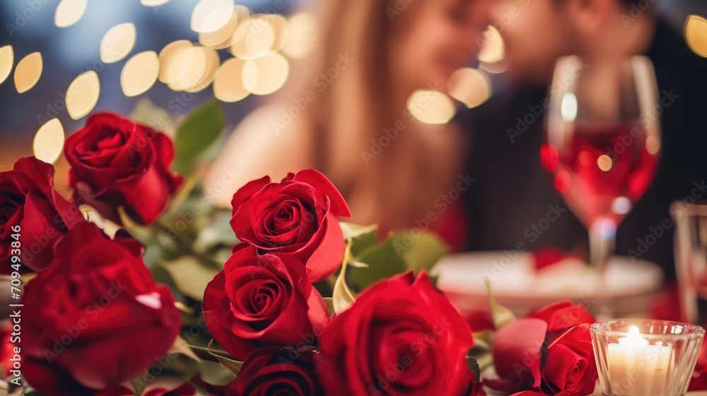 Lovely couple celebrating Valentine's day in restaurant, focus on table with red roses. Lovely couple celebrating Valentine's day in restaurant, focus on table with red roses.