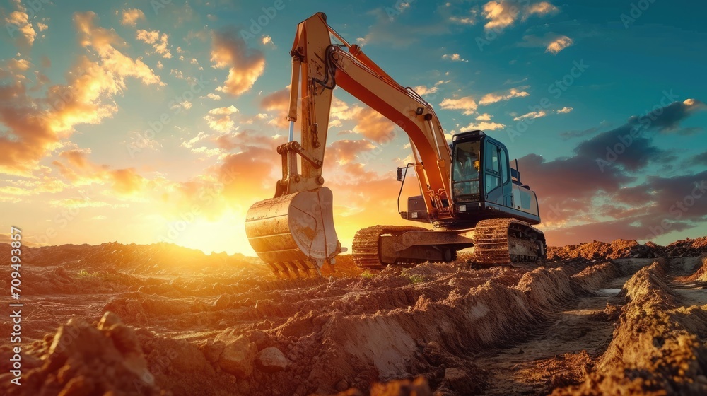 Excavator at a construction site against the setting sun - obrazy, fototapety, plakaty 