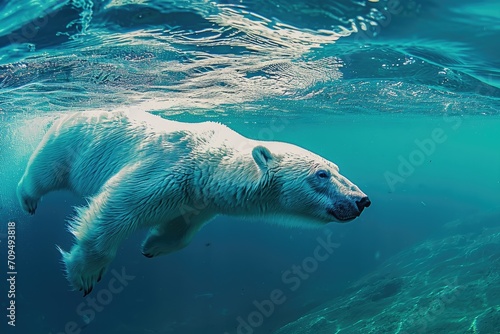 Polar bear swimming in the blue artic ocean on a clear sunny day © kardaska