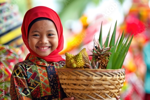 Malay Muslim girl smiling, holding basket made of weaving bamboo full of locall fruits. photo