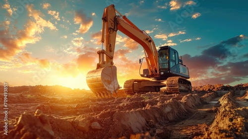 Excavator at a construction site against the setting sun photo
