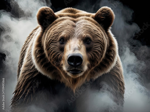 Ethereal Grizzly Bear - Animal portrait in dramatic smoke against black background with formidable powerful presence and intense eyes Gen AI photo