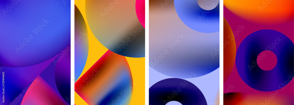 Set of colorful posters with round geometric elements and circles. Vector illustration For Wallpaper, Banner, Background, Card, Book Illustration