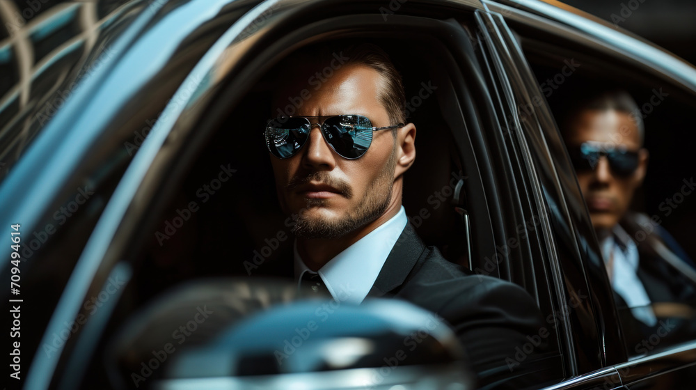 Professional team of male bodyguards at work. protect a VIP celebrity person in car limousine. Bodyguard and VIP person security protection. Agent in civilian black suit.