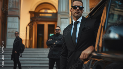 Professional team of male bodyguards at work. protect a VIP celebrity person in car limousine. Bodyguard and VIP person security protection. Agent in civilian black suit.