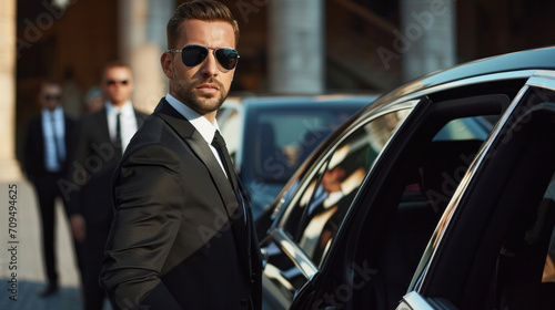 Professional team of male bodyguards at work. protect a VIP celebrity person in car limousine. Bodyguard and VIP person security protection. Agent in civilian black suit.