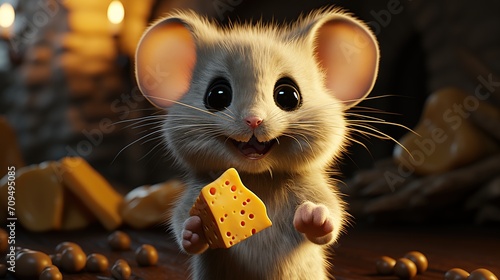 3d illustratoin of cute gray mouse standup with a piece cheese. photo