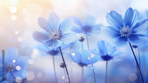 A field of delicate blue flowers under a dreamy bokeh light, creating a serene and enchanting floral scene. #709496017