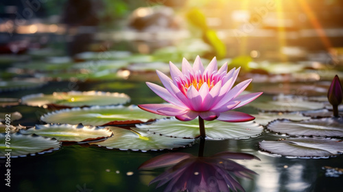 A vibrant water lily opens up in the serene morning light  reflecting beautifully on the calm pond surface.