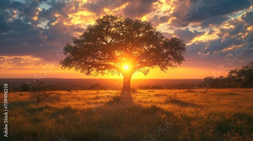 Sunset over a tree in the savanna of Zimbabwe, Africa