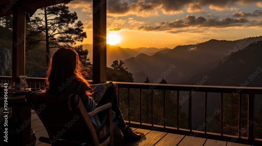 a female traveler sitting and looking at a beautiful sunrise on foggy day - obrazy, fototapety, plakaty 