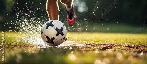 A photo shot of the legs of a boy running with a dribble on a soccer field. © Mas