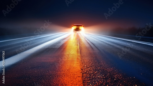 The rear lights of a car shine brightly on a foggy road at dusk, illuminating the icy path during winter travel.