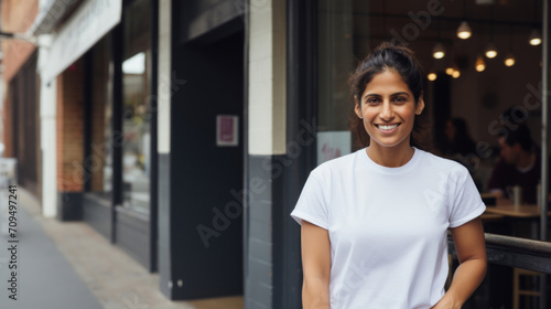Fototapeta Naklejka Na Ścianę i Meble -  A smiling woman entrepreneur standing confidently at the entrance of a cafe, wearing a casual white t-shirt.