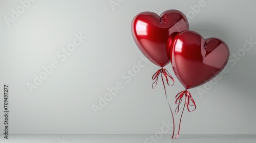  a couple of red heart shaped balloons floating on top of a white surface with a red string attached to one of the balloons.