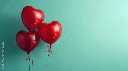  three red balloons in the shape of heart shaped balloons on a blue background with a string attached to the balloon.