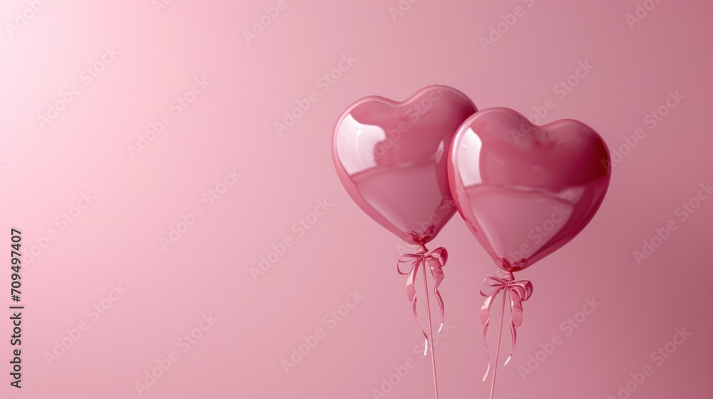  a couple of pink heart shaped balloons floating on top of a pink surface with a bow on the end of the balloons.