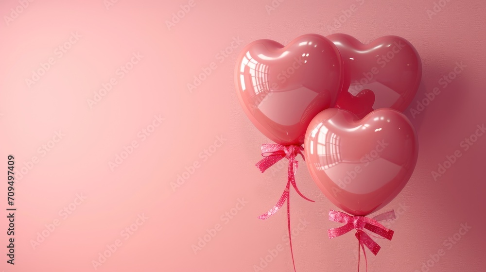  two pink heart shaped balloons tied to a string on a pink background with a pink bow on the end of the balloon.