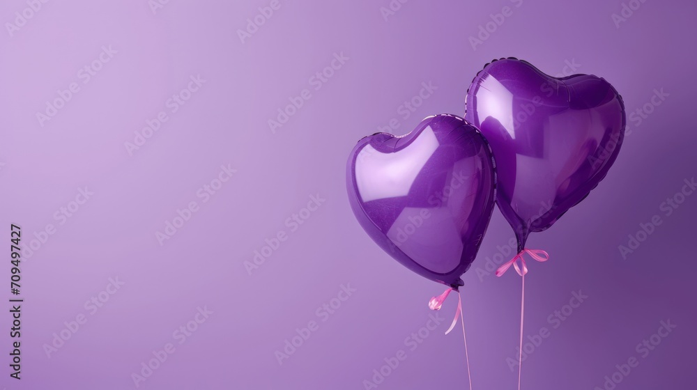  two purple heart shaped balloons floating in the air on a purple background with a pink ribbon on the end of the balloon.