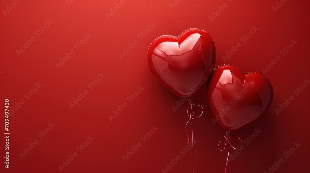 two red heart shaped balloons tied to a string on a red background with a heart - shaped balloon attached to the string. two red heart shaped balloons tied to a string on a red background with a heart - shaped balloon attached to the string.