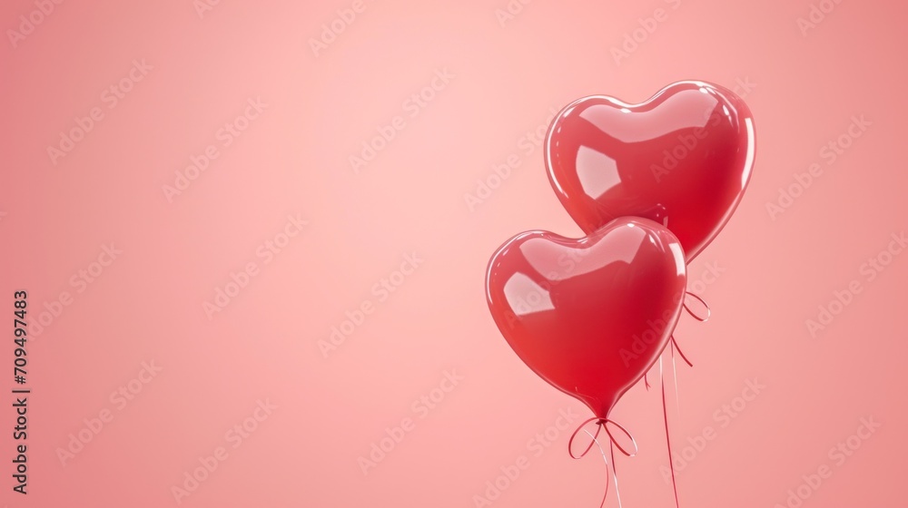  a couple of red heart shaped balloons floating in the air on a pink background for a valentine's day card.