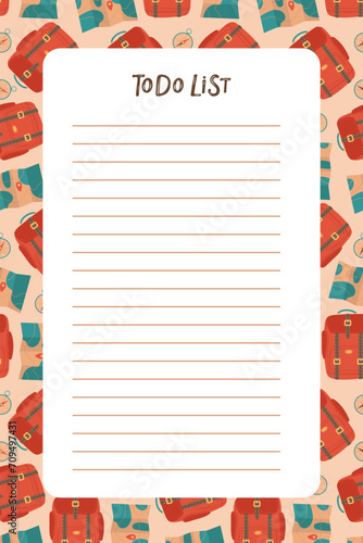 To Do List. Template for to-do list with travel background. Travel's things. Flat style editable vector illustration. Lines for notes. Traveling, tourism concept for banner. Preparing to travel.