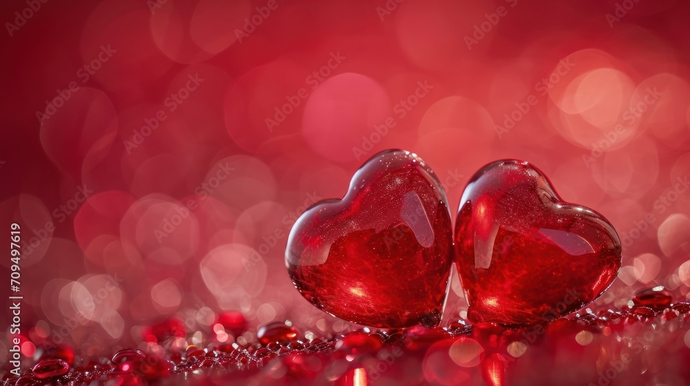 a couple of red hearts sitting next to each other on top of a bed of red and pink glitters. a couple of red hearts sitting next to each other on top of a bed of red and pink glitters.