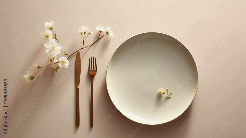 A minimalistic flat lay capturing the essence of calm, with a simple glass vase holding a single stem, an empty ceramic plate, and a neatly placed spoon