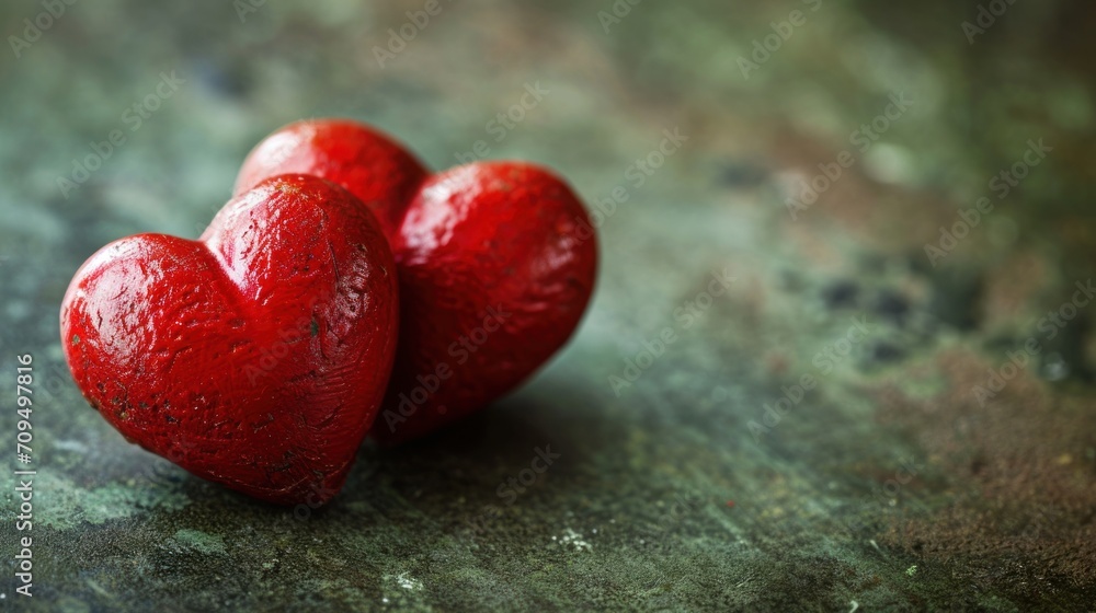 two red hearts sitting next to each other on top of a green surface with drops of water on the surface. two red hearts sitting next to each other on top of a green surface with drops of water on the surface.