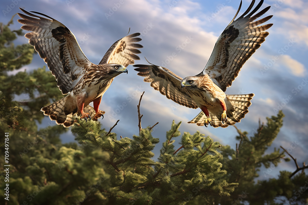 Obraz premium Red-tailed buzzard, Chicken Hawk, Mouse Hawk, Hen Hawk, Red-tail flying