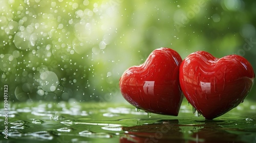  a couple of red hearts sitting next to each other on top of a puddle of water in front of a green background.