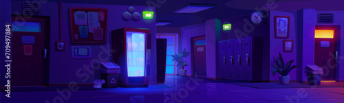 Night school corridor with lockers. Vector cartoon illustration of dark hall with classroom doors, vending machine selling snacks, information board and portrait on wall, metal cabinets, exit signs photo