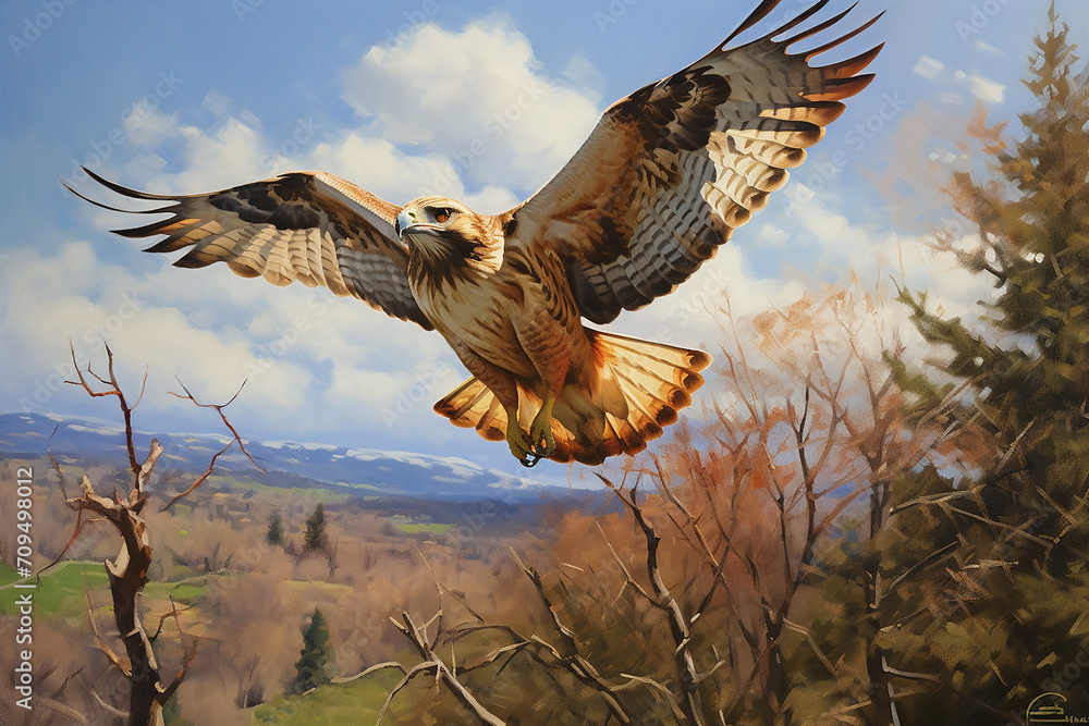 Fototapeta premium Red-tailed buzzard, Chicken Hawk, Mouse Hawk, Hen Hawk, Red-tail flying