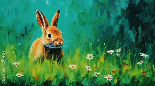 Employing the vivid color palette of Vincent van Gogh, depict a charming scene of a little rabbit nibbling on grass in a vibrant green field