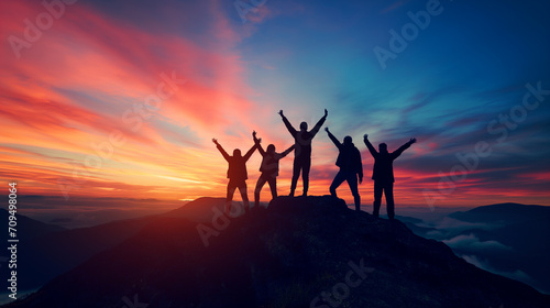 silhouette of happy friends having fun. sunset in the mountains. © Angelo